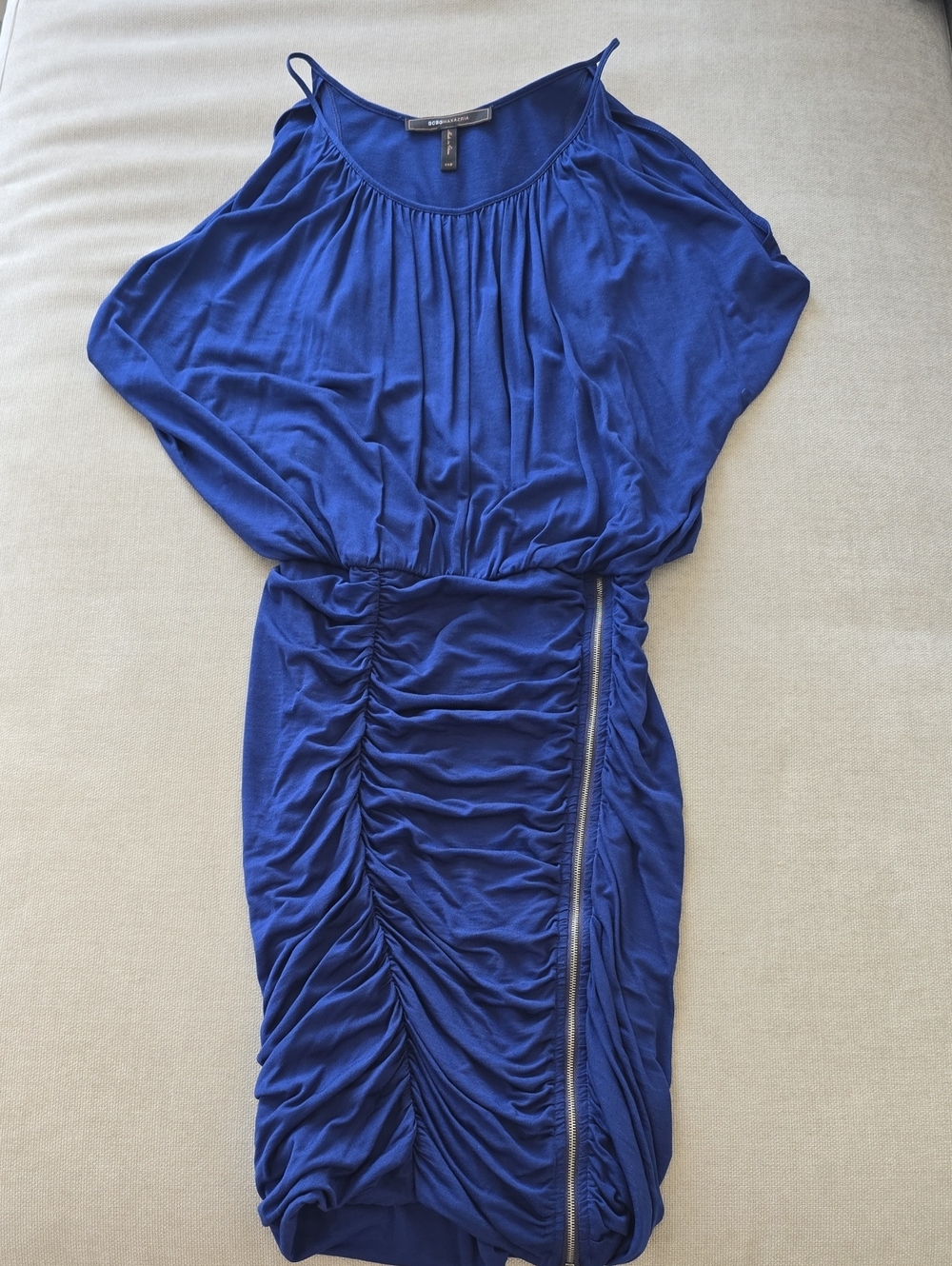 BCBGMaxAzria Navy Ruched Midi Dress with Zip Detail